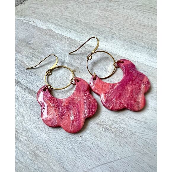 Earrings Statement Earrings Handcrafted Gold Pink Scalloped Arches - Picture 2 of 6